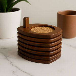 Vintage Hellerware Wooden Coaster Set with Holder | Made in Taiwan | Mid Century